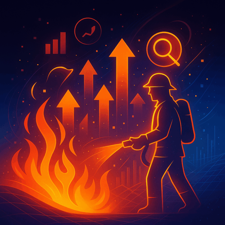 Abstract illustration representing SEO and digital marketing with a firefighting theme, with stylized flames, arrows, and search icons.